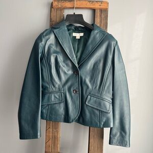 100% Leather Petite Sophisticate Teal Jacket with Notched Lapel and Tailored Fit